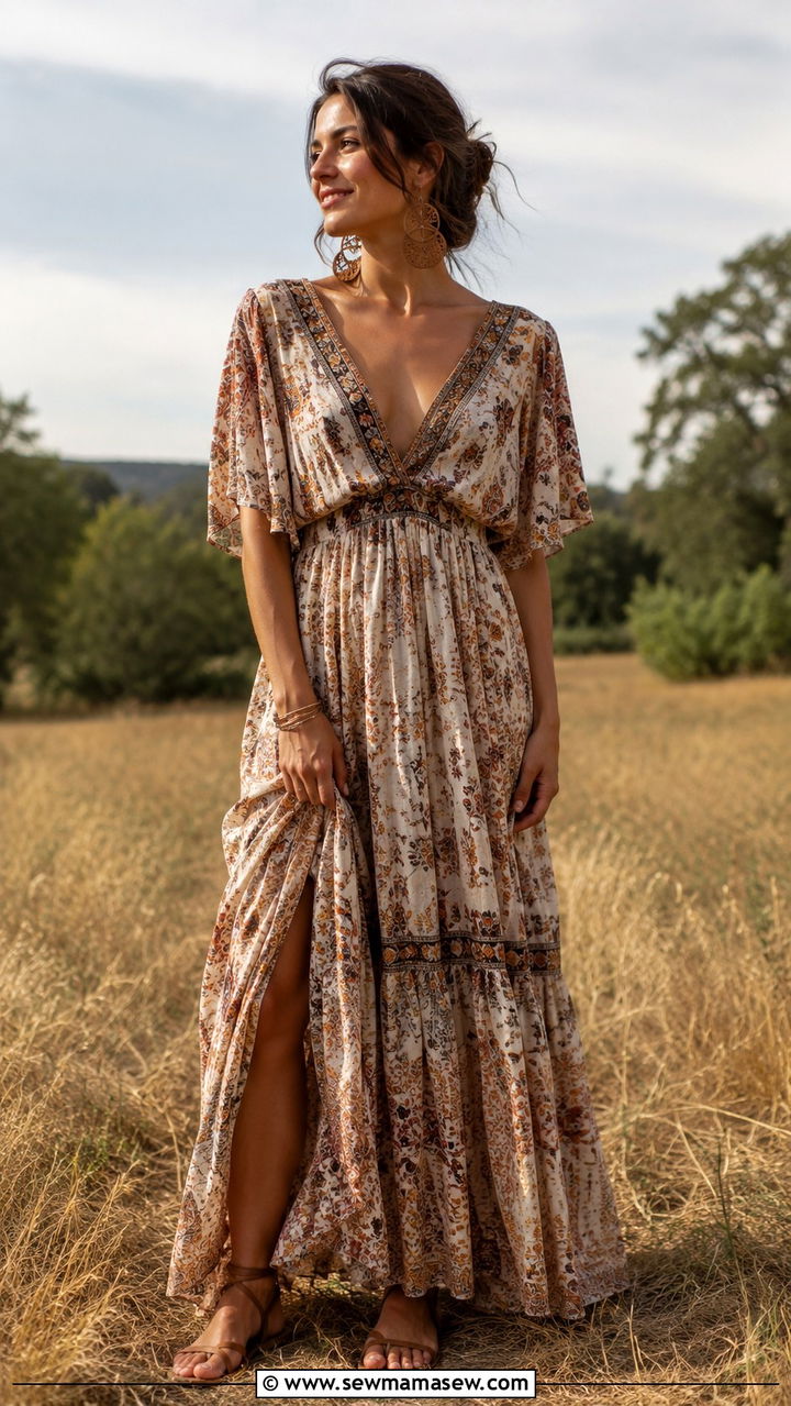 Wooden Statement Earrings With Bohemian Maxi Dress And Flat Sandals - 30 Statement earrings outfit ideas