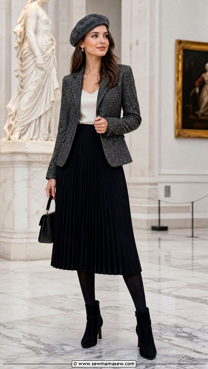 Wool Beret with Tweed Jacket and Pleated Midi Skirt - 25 French girl outfit ideas with beret