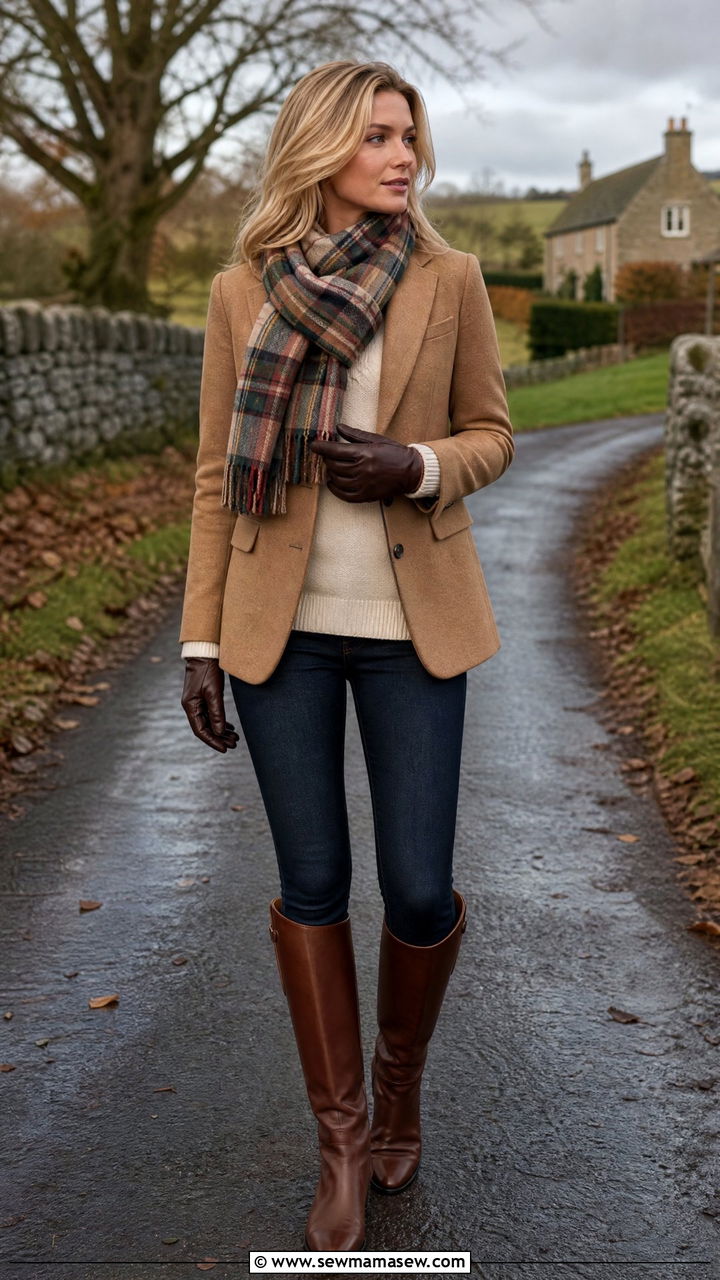 Wool Blazer With Cashmere Sweater And Knee High Riding Boots - 30 preppy outfit ideas for women