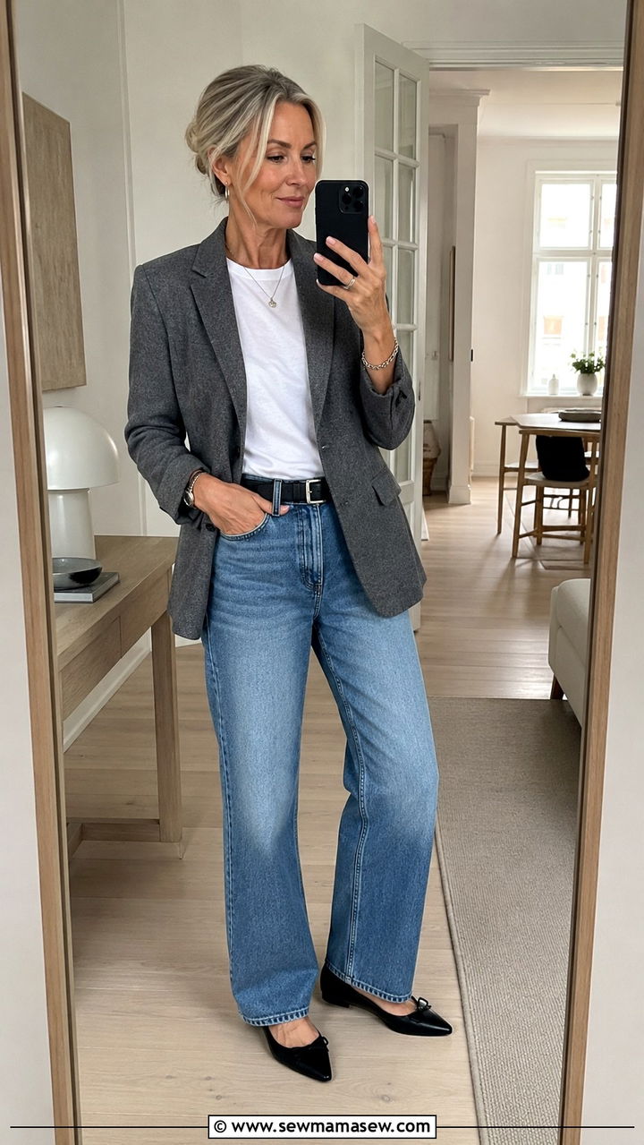 Wool Blazer with White Tee and Relaxed Denim - 30 scandinavian outfit ideas for women over 40