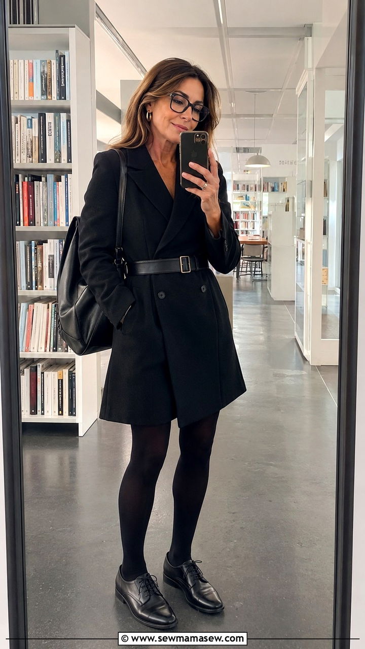 Wool Blend Blazer Dress with Tights and Lace Up Oxfords - 20 dark academia outfit ideas for women over 40