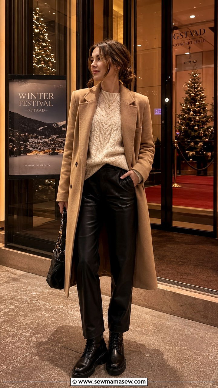 Wool Blend Coat Chunky Knit Sweater And Leather Trousers - 25 seasonal music festival outfit ideas