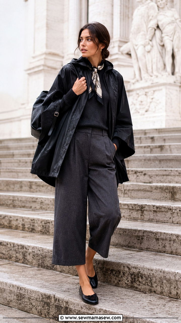 Wool Blend Culottes with a Rain Cape and Rubberized Ballet Flats - 30 transitional rainy day outfit ideas