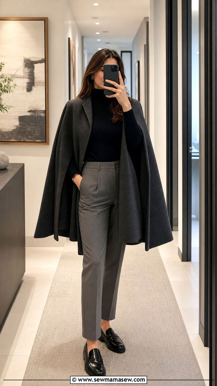 Wool Cape Coat with Turtleneck and Tailored Trousers - 35 Cape coat outfit ideas