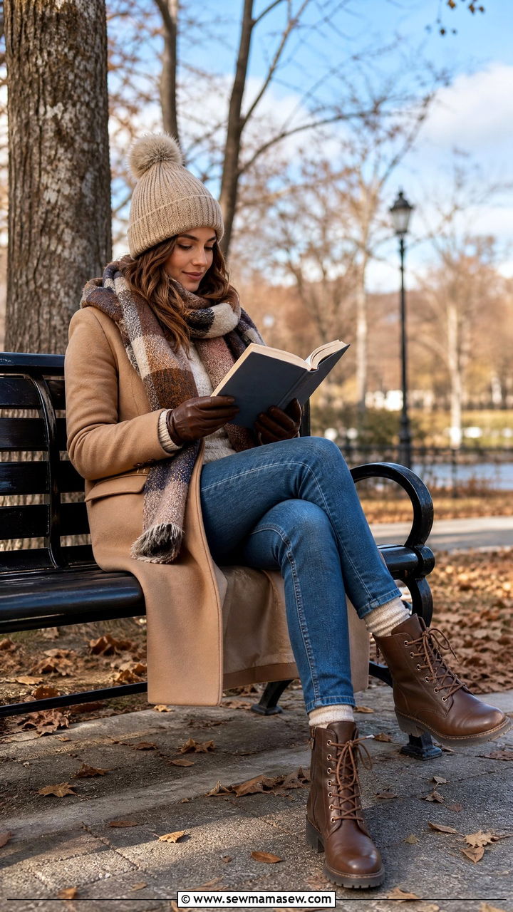 Wool Coat And Blanket Scarf - 30 Cozy reading outfit ideas