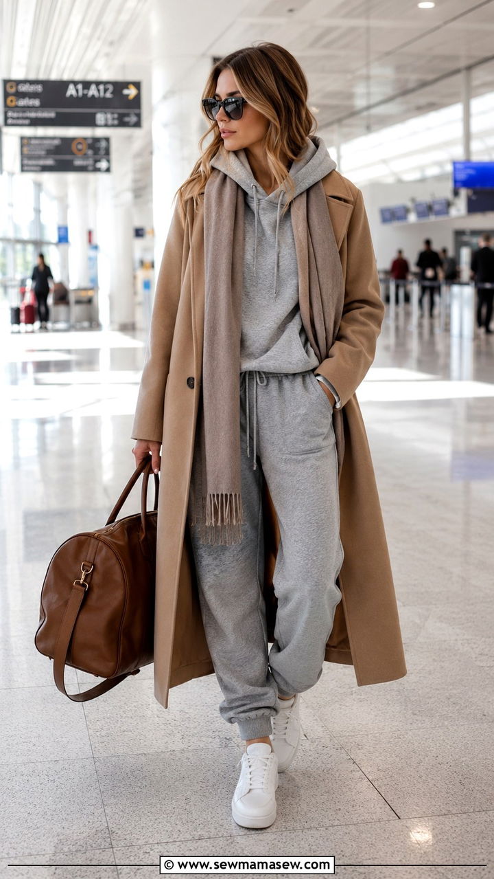 Wool Coat Layered Over Cashmere Lounge Set - 25 Quiet luxury outfit ideas for travel