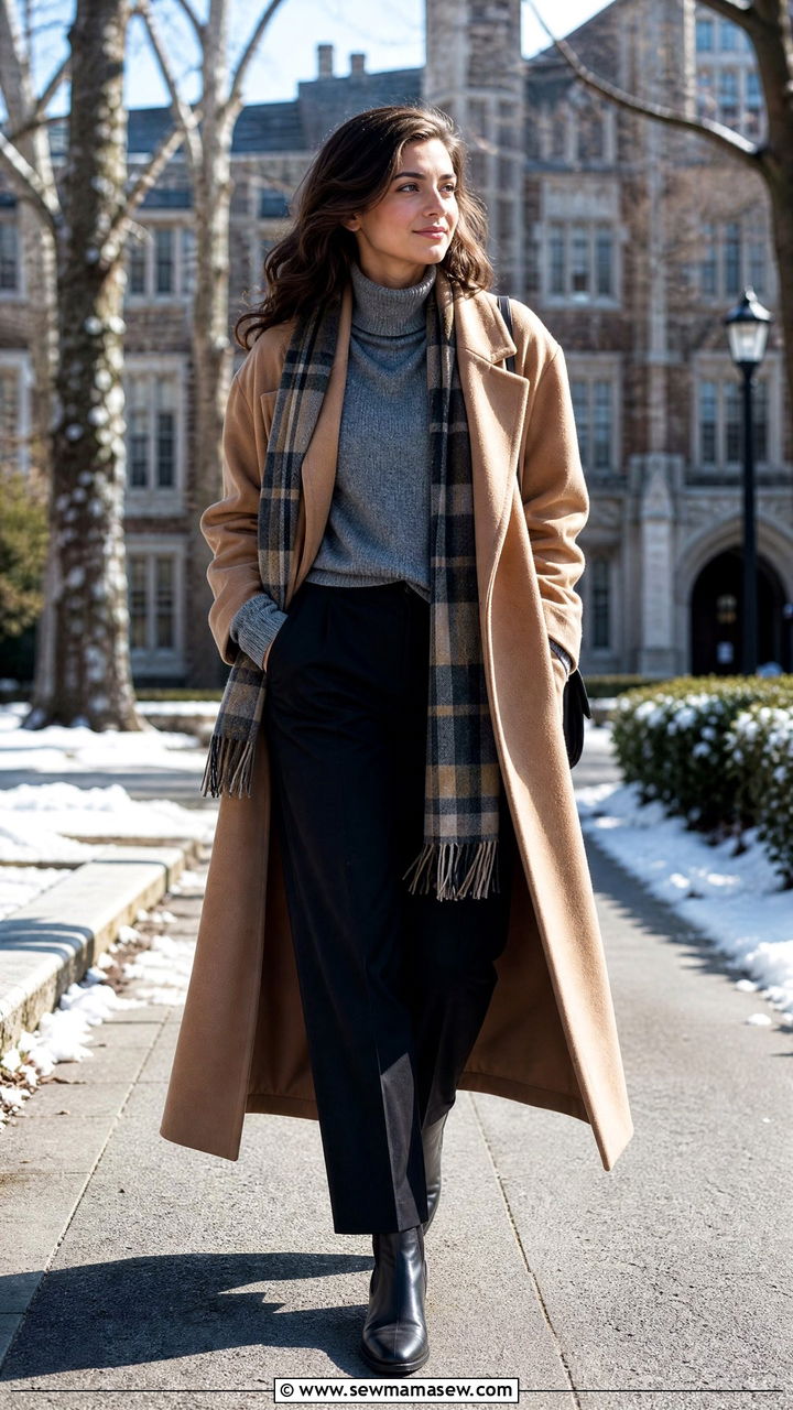 Wool Coat Layered Over Sweater And Trousers - 25 PhD student outfit ideas