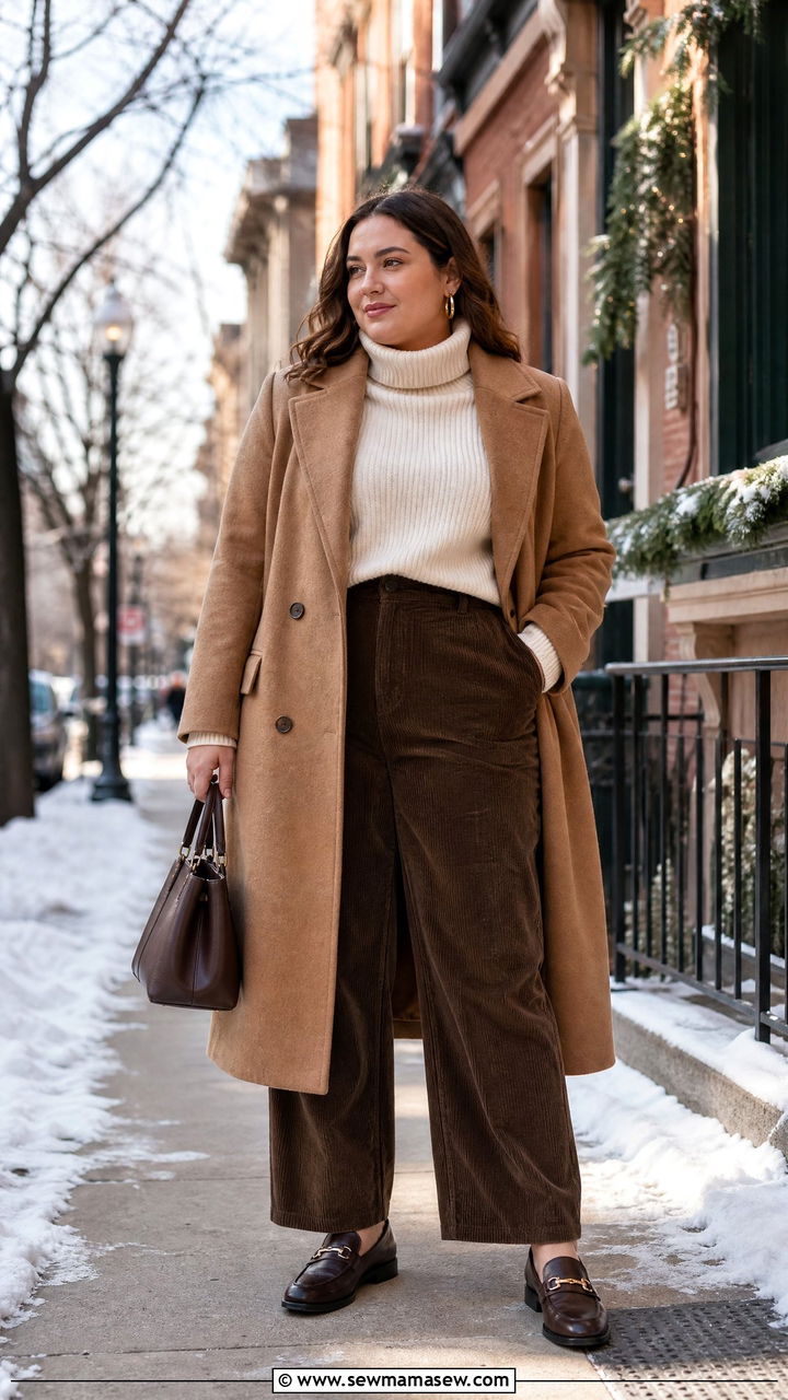 Wool Coat Over A Turtleneck With Corduroy Pants And Loafers - 35 Midsize capsule wardrobe