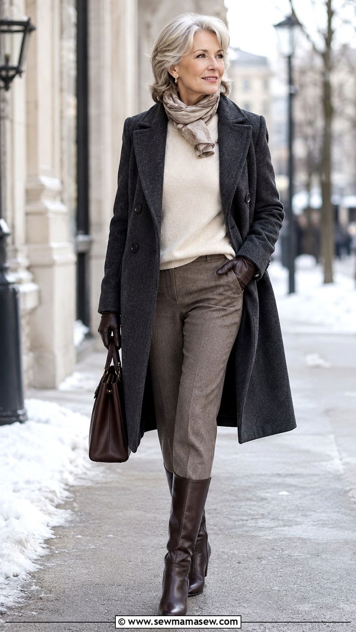 Wool Coat Over Cashmere Sweater and Trousers - 30 Quiet luxury outfits for women over 50