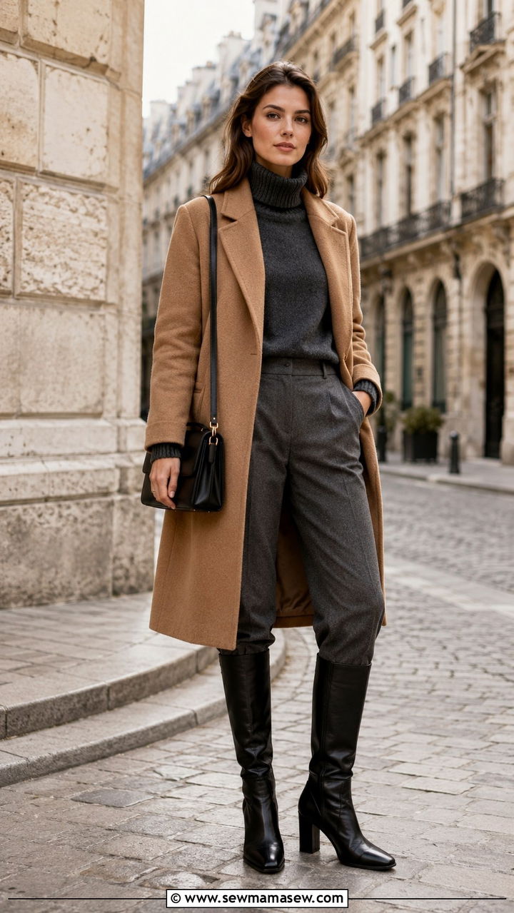 Wool Coat Over Roll Neck Sweater With Wool Trousers and Leather Boots - 25 10 day travel capsule outfits