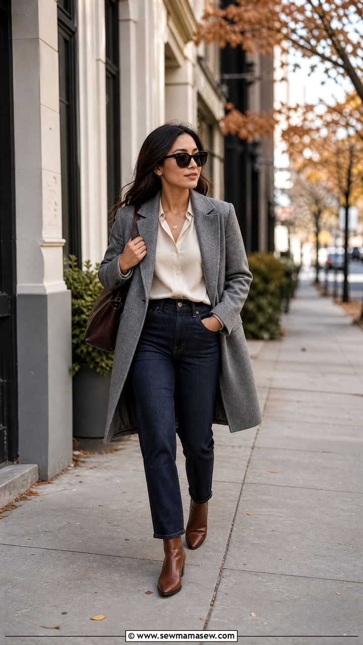 Wool Coat Over Silk Blouse and Jeans Outfit - 25 Quiet luxury outfit ideas petite