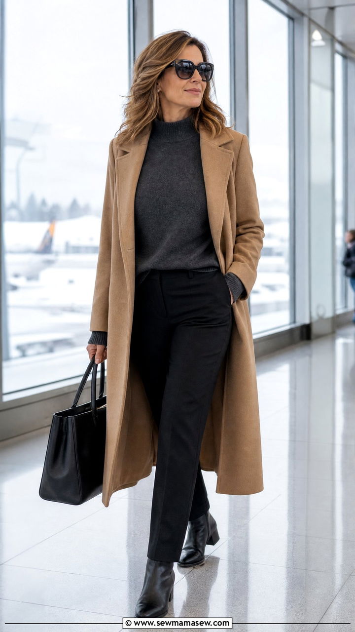 Wool Coat Over Sweater And Trousers - 35 Airport outfit ideas for women over 40