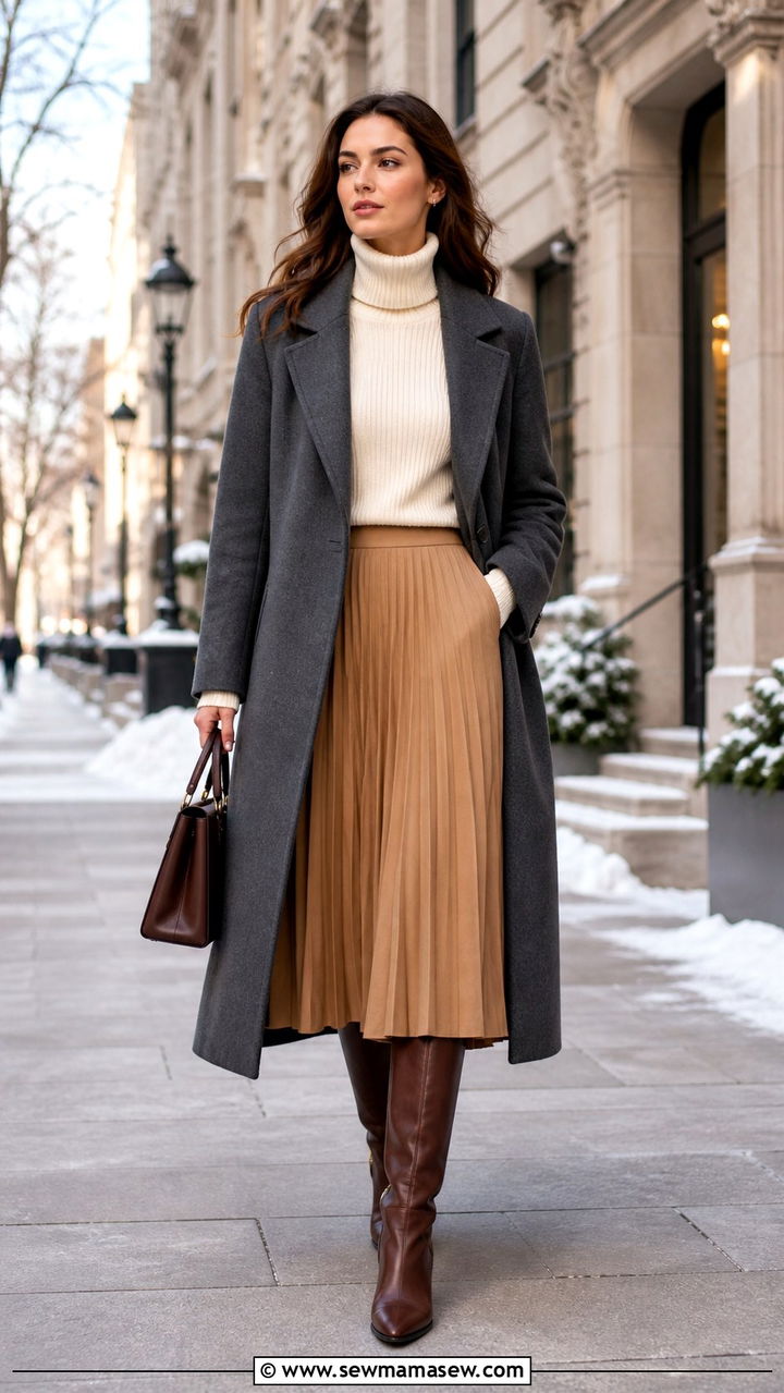Wool Coat Over Turtleneck And Midi Skirt - 40 old money outfits for women
