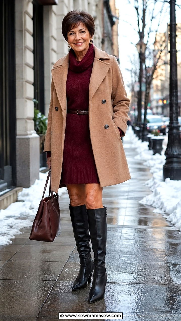 Wool Coat Over a Knit Dress With Knee High Boots - 30 Petite outfits for women over 50