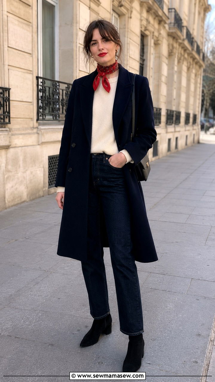 Wool Coat With Cashmere Sweater Jeans And Red Accessories - 30 classy French girl outfits