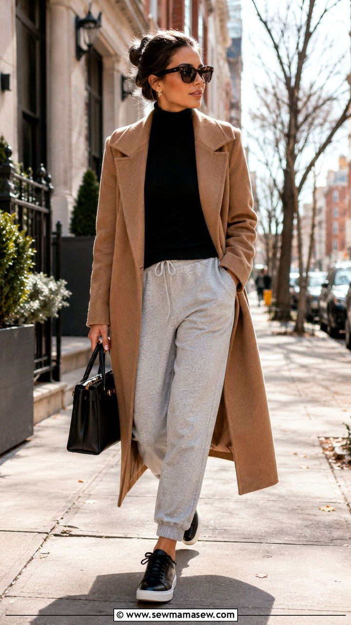 Wool Coat With Cuffed Sweatpants Outfit - 30 Loungewear outfit ideas errands