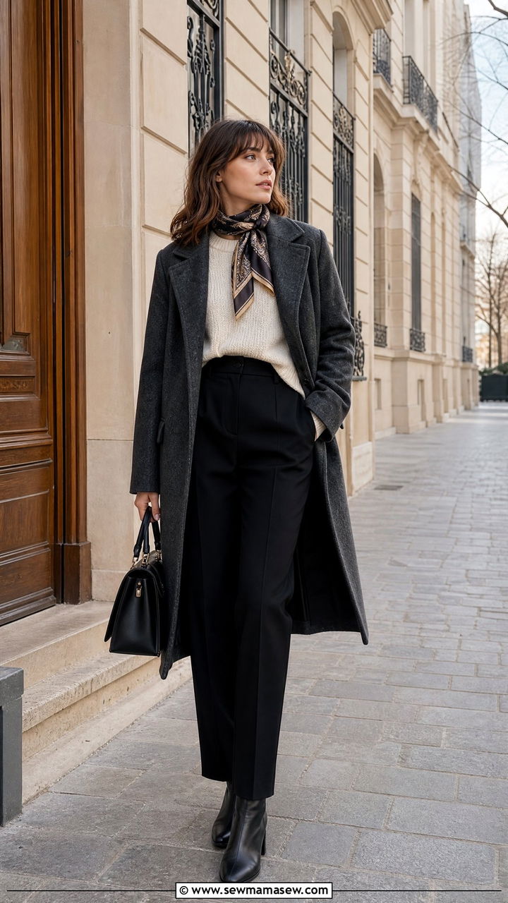 Wool Coat With Knit Sweater And Trousers - 30 French girl outfit ideas for work