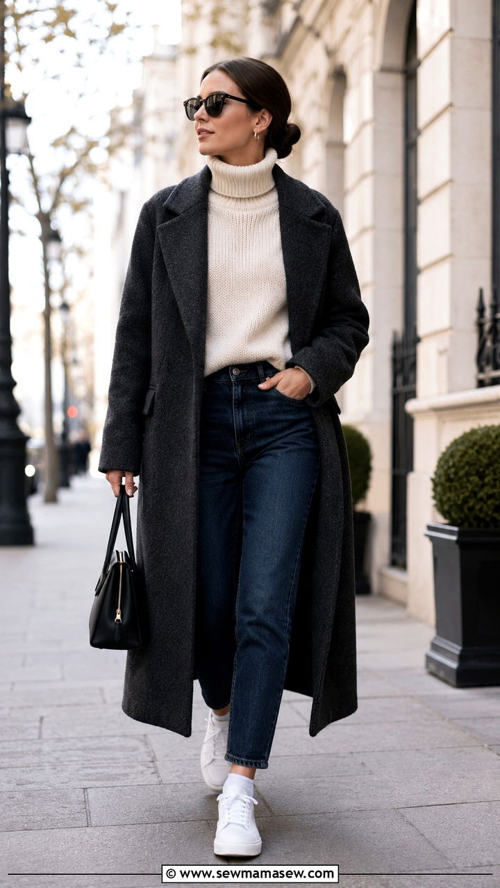 Wool Coat With Mom Jeans and White Sneakers - 30 Mom jeans outfit ideas with white sneakers