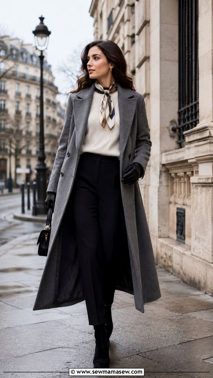 Wool Coat With Silk Scarf And Leather Gloves - 30 Paris outfits inspo