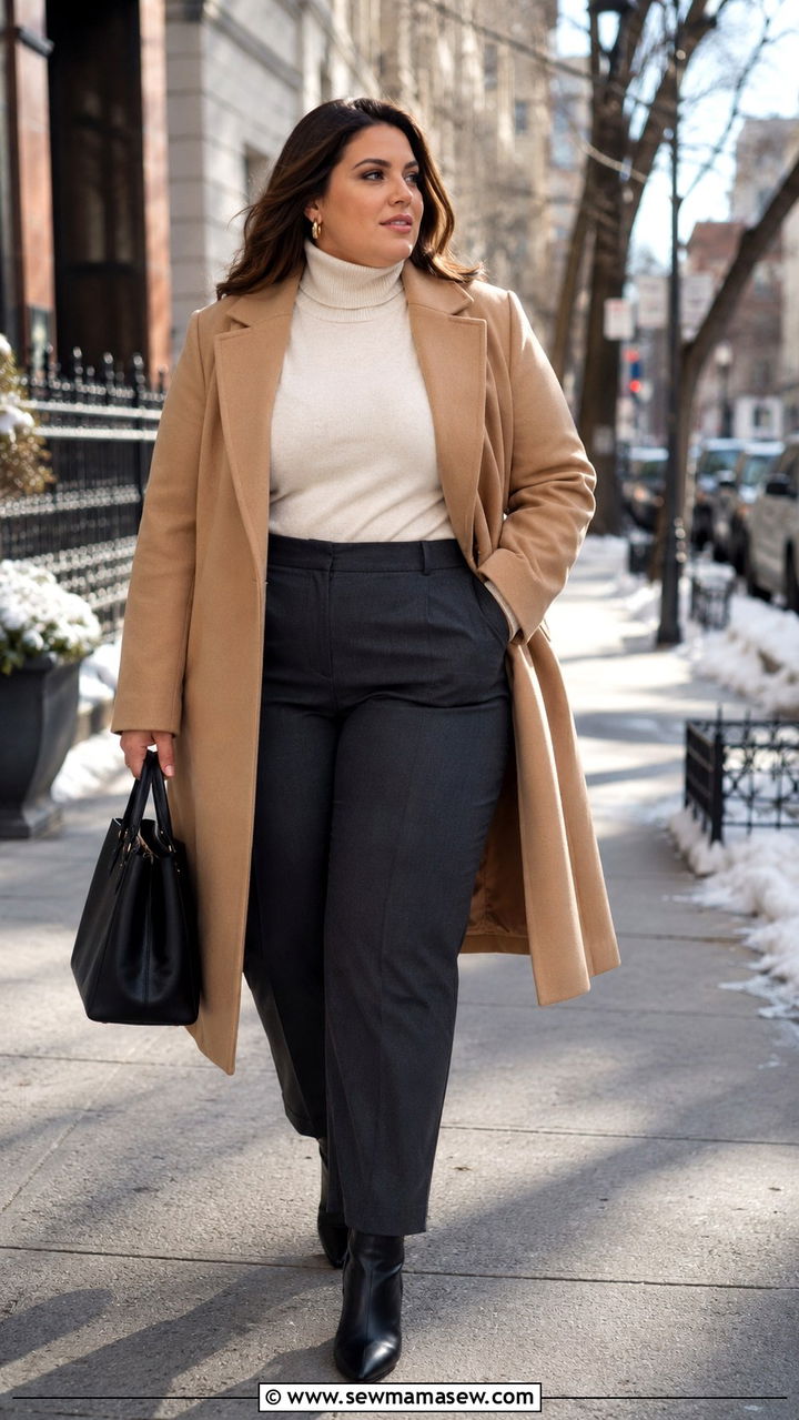 Wool Coat With Tailored Trousers And Turtleneck - 30 Plus size office outfits