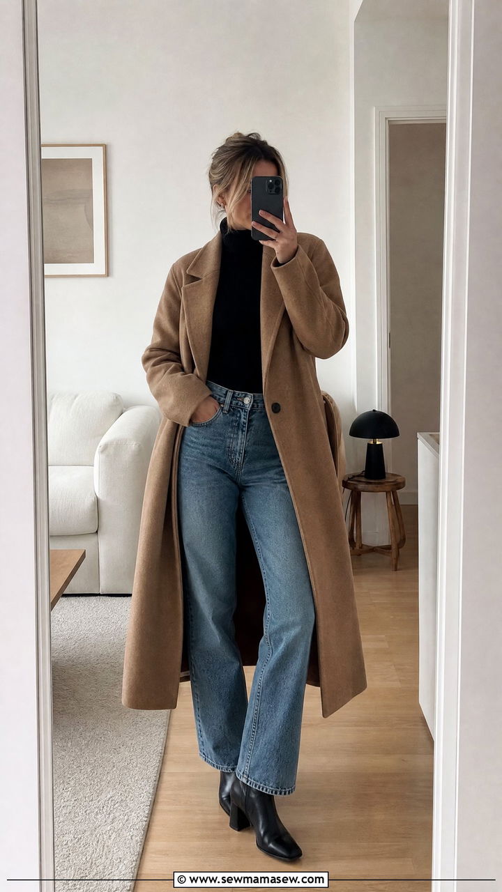 Wool Coat With Turtleneck And Relaxed Denim - 30 casual scandinavian outfits