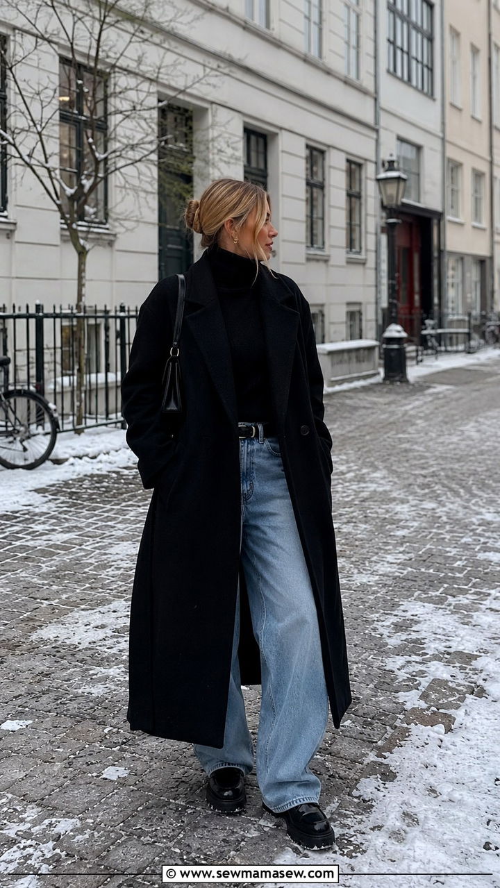 Wool Coat With Turtleneck Baggy Jeans And Chunky Loafers - 30 Danish outfit ideas