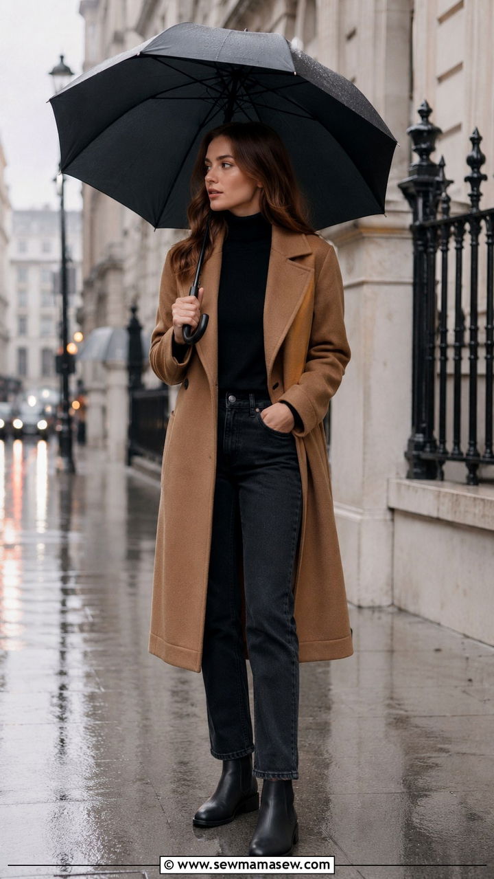 Wool Coat With Turtleneck and Ankle Rain Boots - 30 rainy day outfits casual