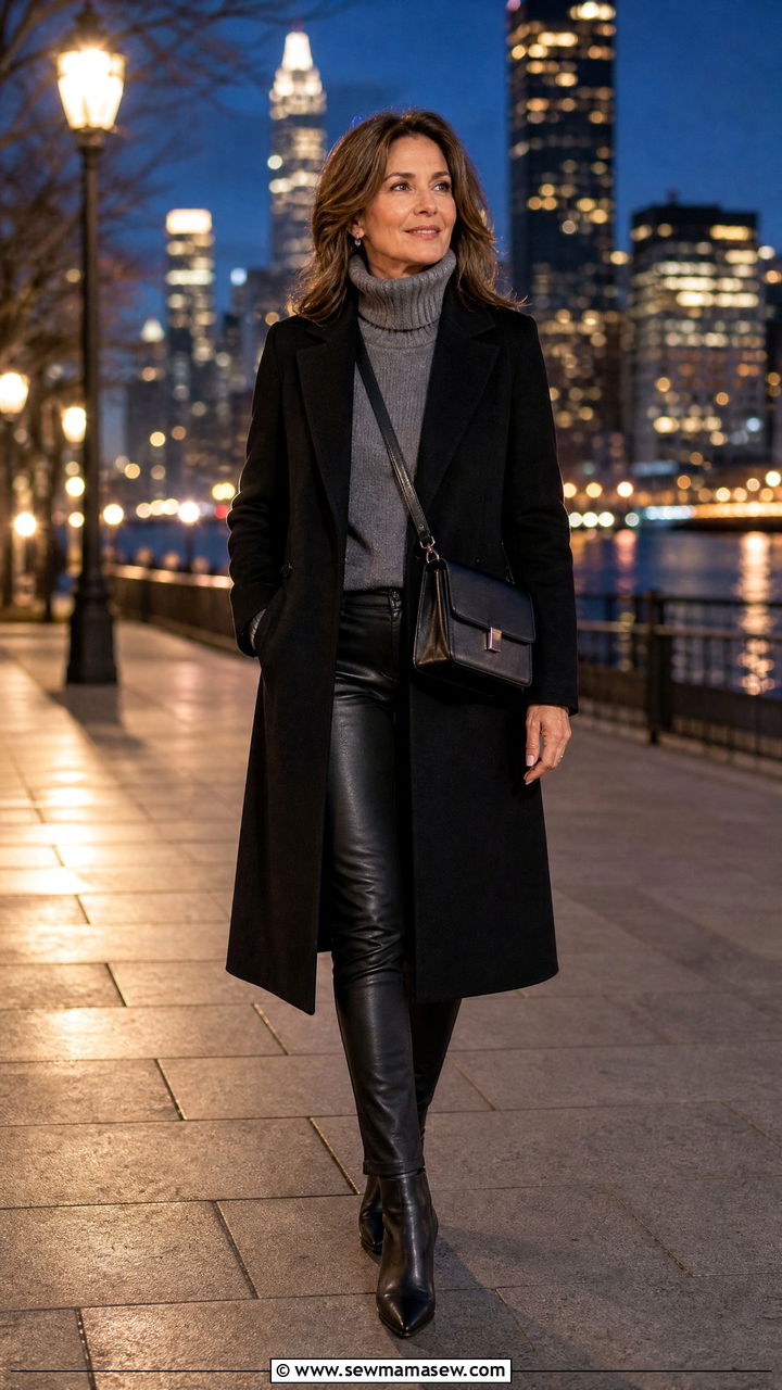 Wool Coat With Turtleneck and Leather Pants Outfit - 25 Fashion over 40 outfit ideas