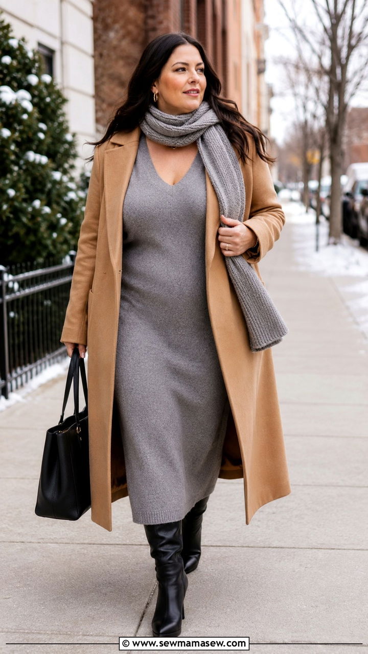 Wool Coat Worn Open over a Knit Dress with Tall Boots - 25 Outfit ideas for apple shape 2026