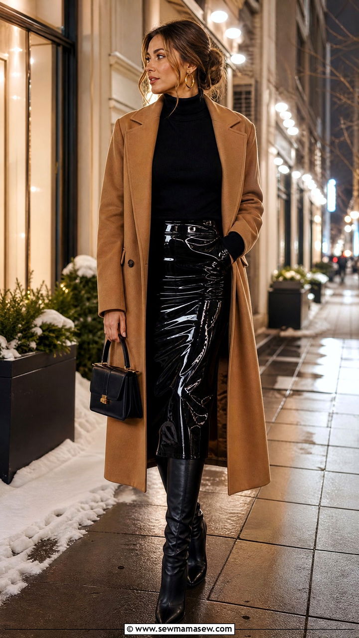 Wool Coat and Patent Leather Skirt with Knee High Boots - 25 classy edgy outfit ideas