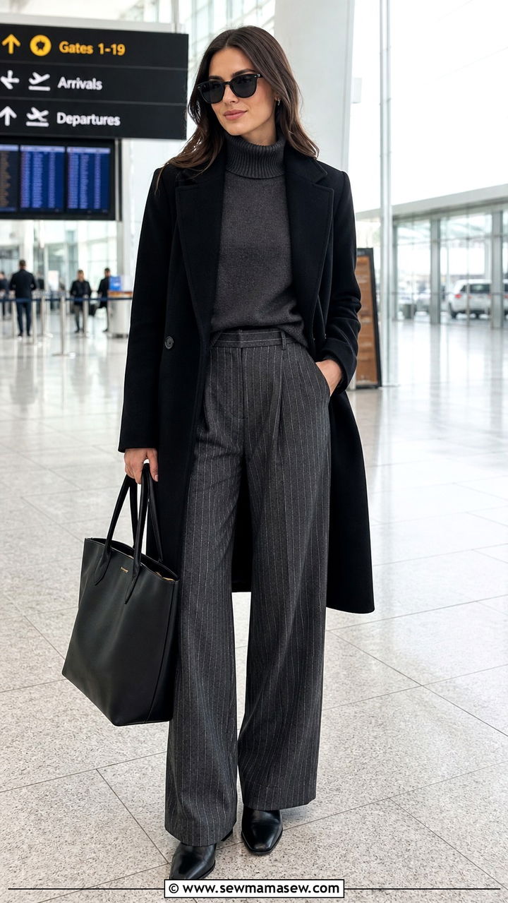 Wool Coat and Pinstripe Trousers Airport Outfit - 40 Chic airport outfits