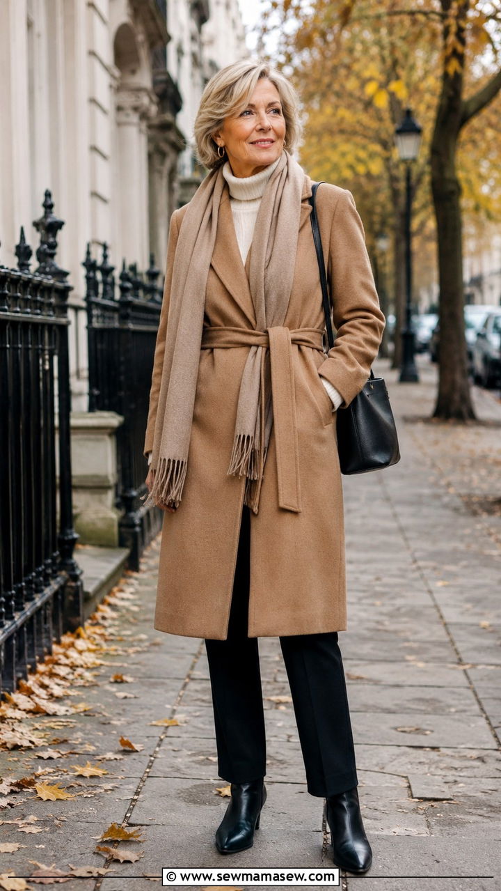 Wool Coat and Scarf Outfit - 30 Trendy outfit ideas for women over 50