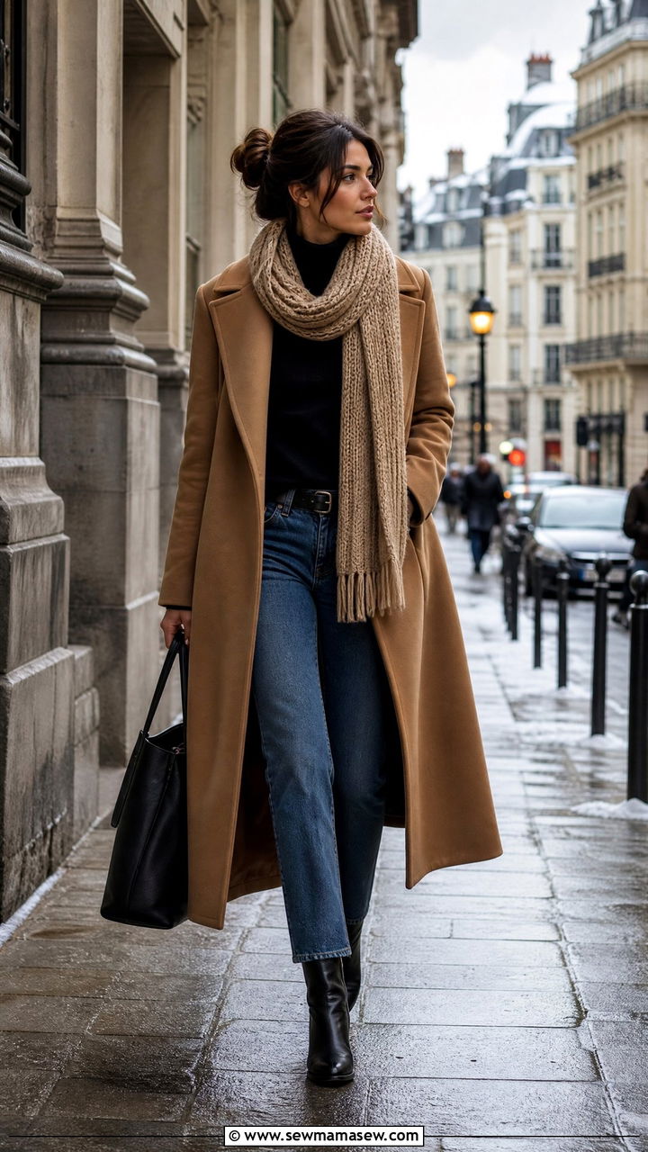Wool Coat and Scarf with Ankle Boots - 30 classy Europe travel outfits