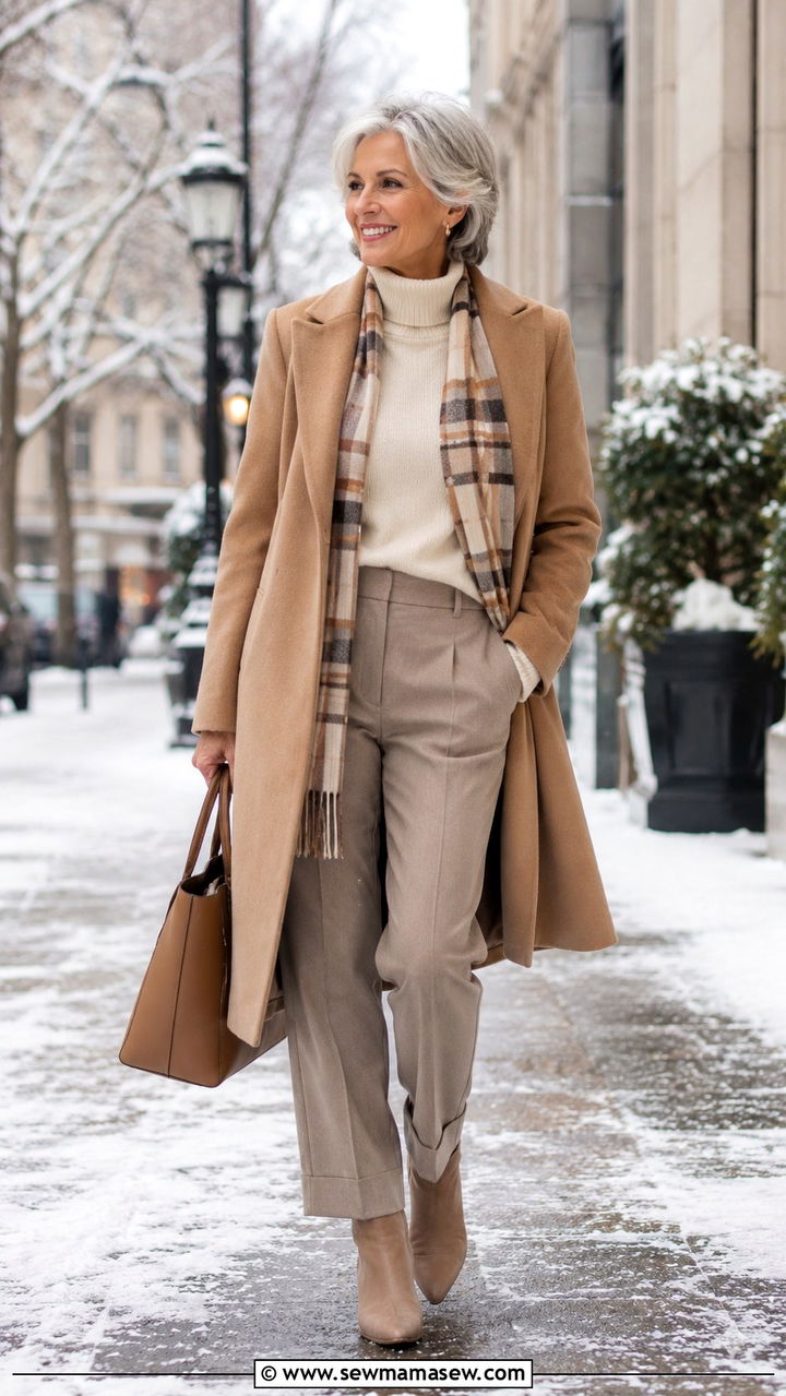 Wool Coat and Tailored Trousers Winter Travel Outfit - 30 Travel outfit ideas for women over 60