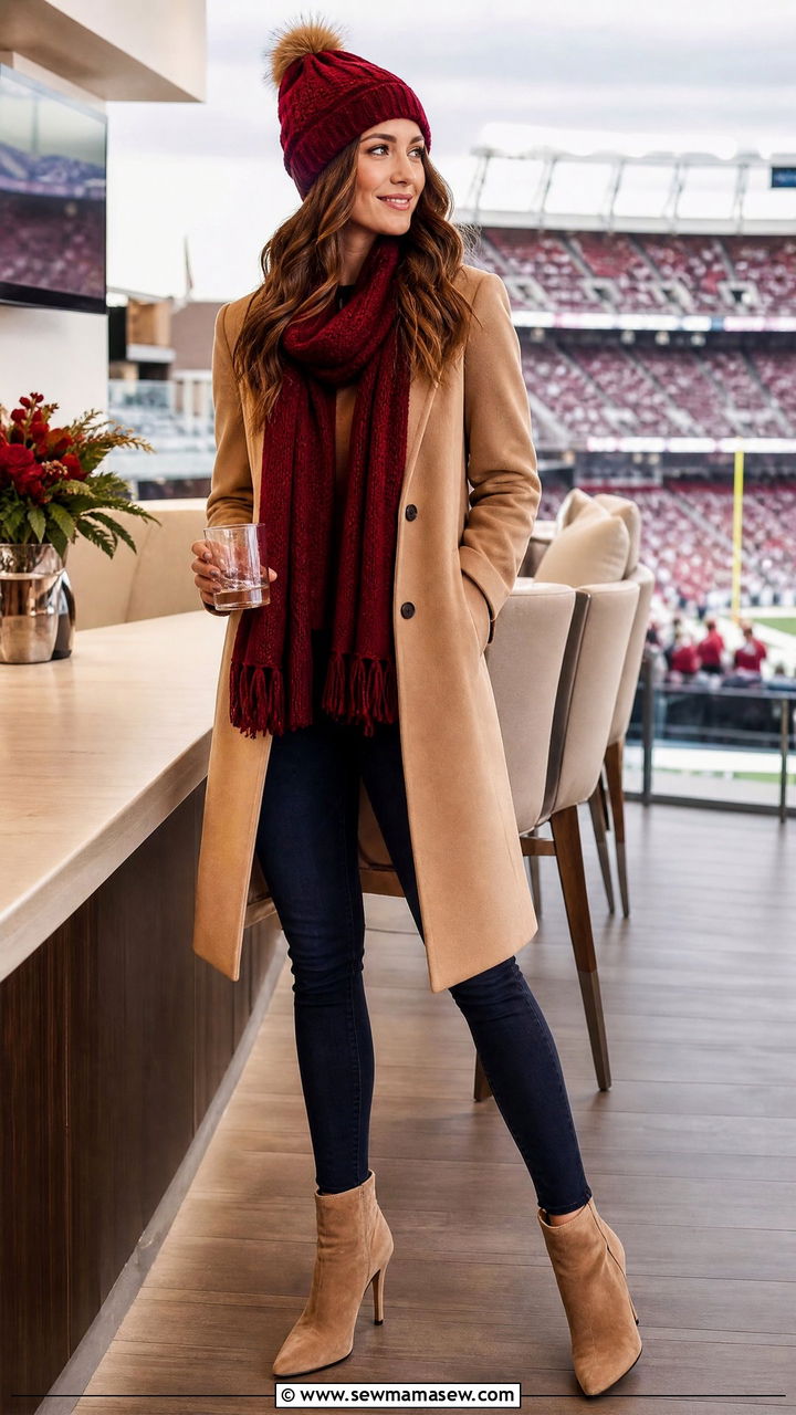 Wool Coat in Neutral with Team Colored Scarf Beanie and Heeled Booties - 25 Gameday outfit ideas NFL