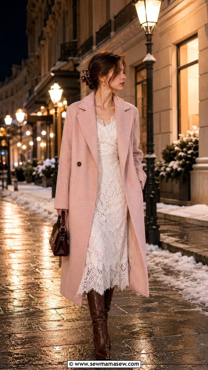 Wool Coat over Lace Midi Dress - 30 Romantic academia outfit ideas