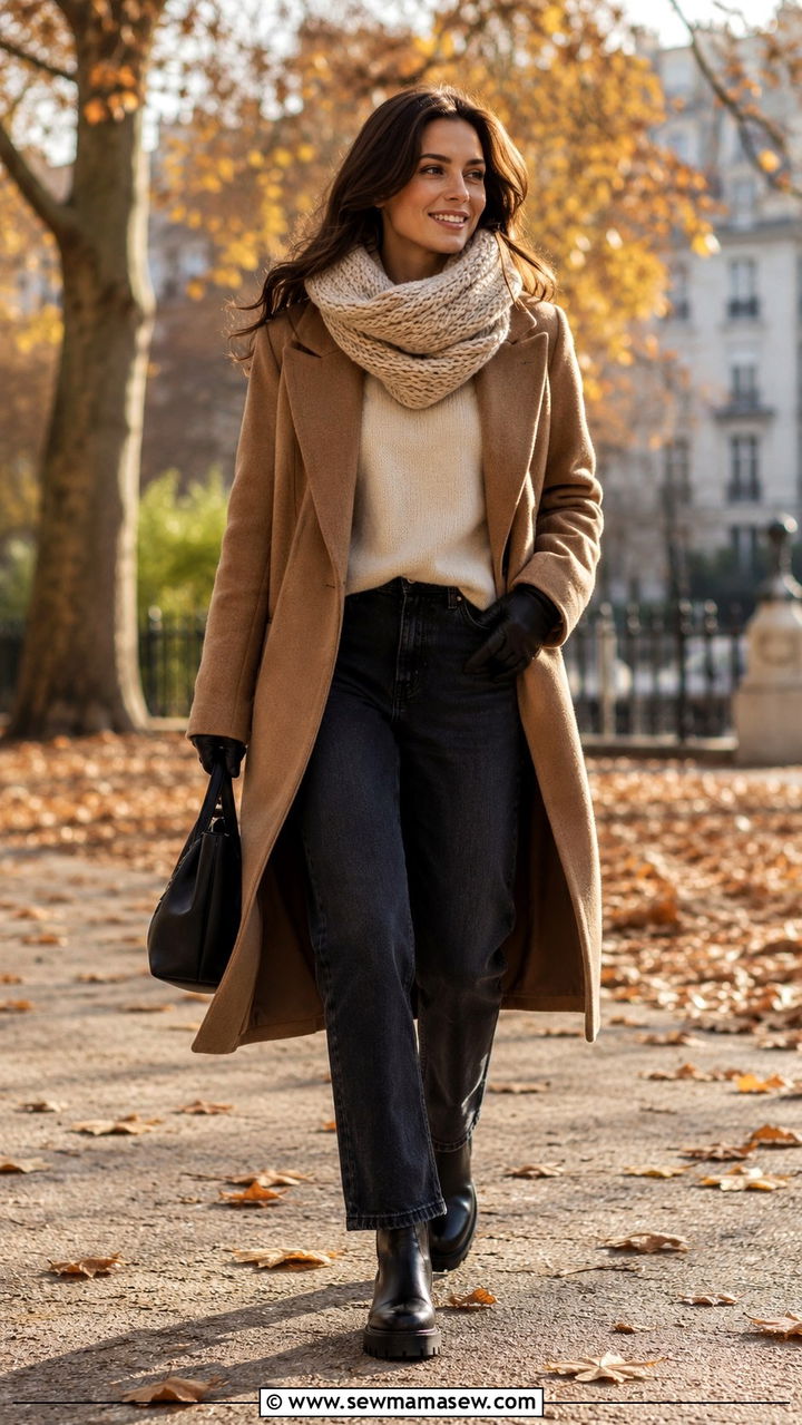 Wool Coat with Cashmere Sweater and Straight Leg Jeans - 25 Paris packing list outfits