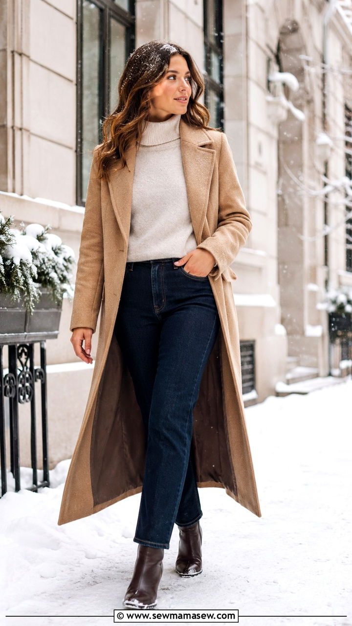 Wool Coat with Dark Jeans and Boots Outfit - 25 Videographer outfit ideas