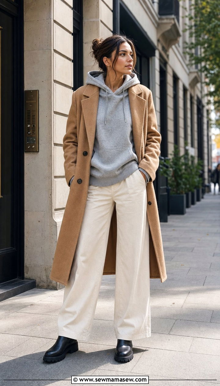 Wool Coat with Hoodie and Wide Leg Trousers Outfit - 25 Cross season outfit ideas