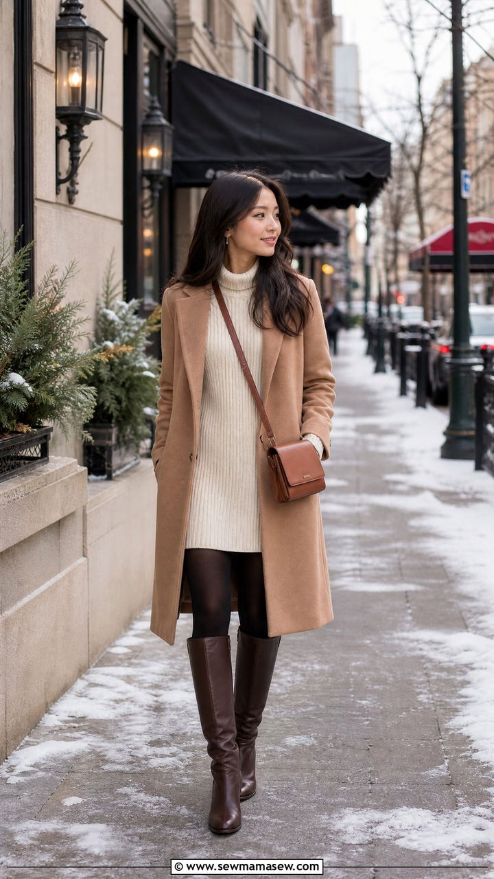 Wool Coat with Sweater Dress and Knee High Boots - 30 Brunch outfit ideas petite