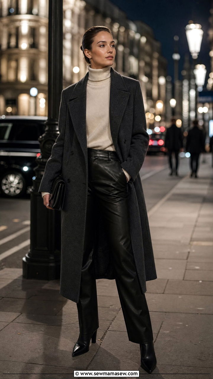 Wool Coat with a Cashmere Turtleneck and Leather Trousers - 25 How to dress in your 40s