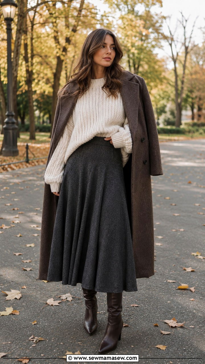 Wool Maxi Skirt with Chunky Knit Sweater - 30 classy maxi skirt outfits