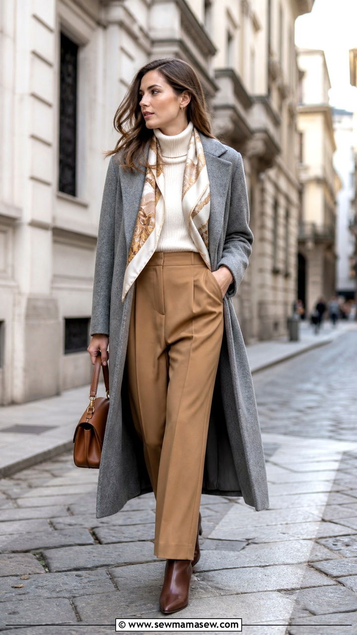 Wool Overcoat with Cream Turtleneck and Tailored Trousers - 40 Italy outfit ideas