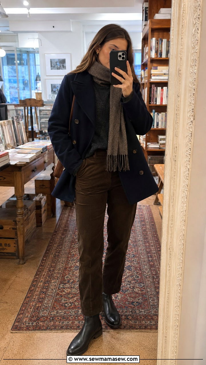 Wool Peacoat and Merino Sweater with Corduroy Pants - 30 old money capsule wardrobe outfits