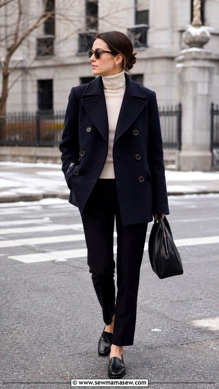 Wool Peacoat with Cigarette Trousers - 25 Old money outfit ideas with driving loafers