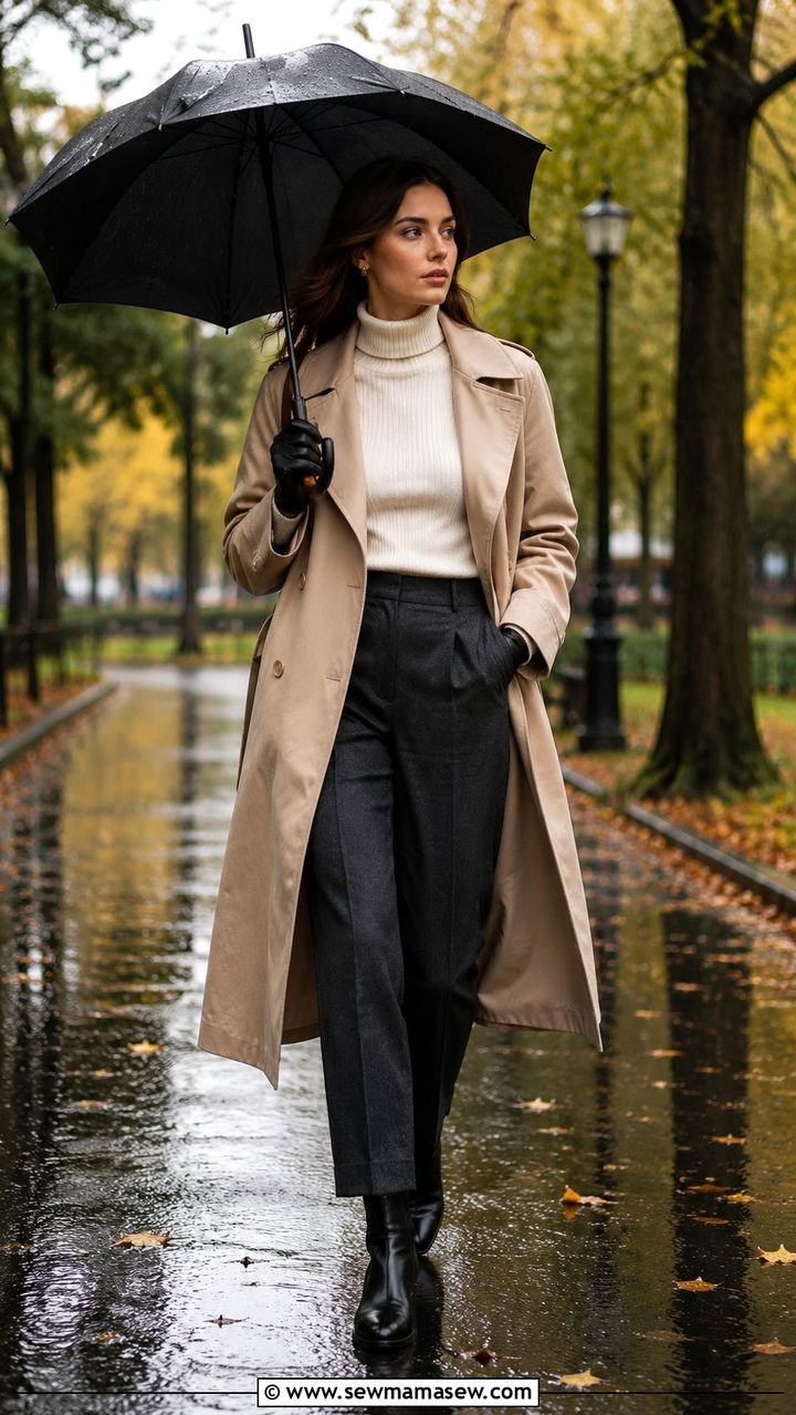 Wool Trousers With Waterproof Trench And Leather Gloves - 30 Rainy day work outfit ideas