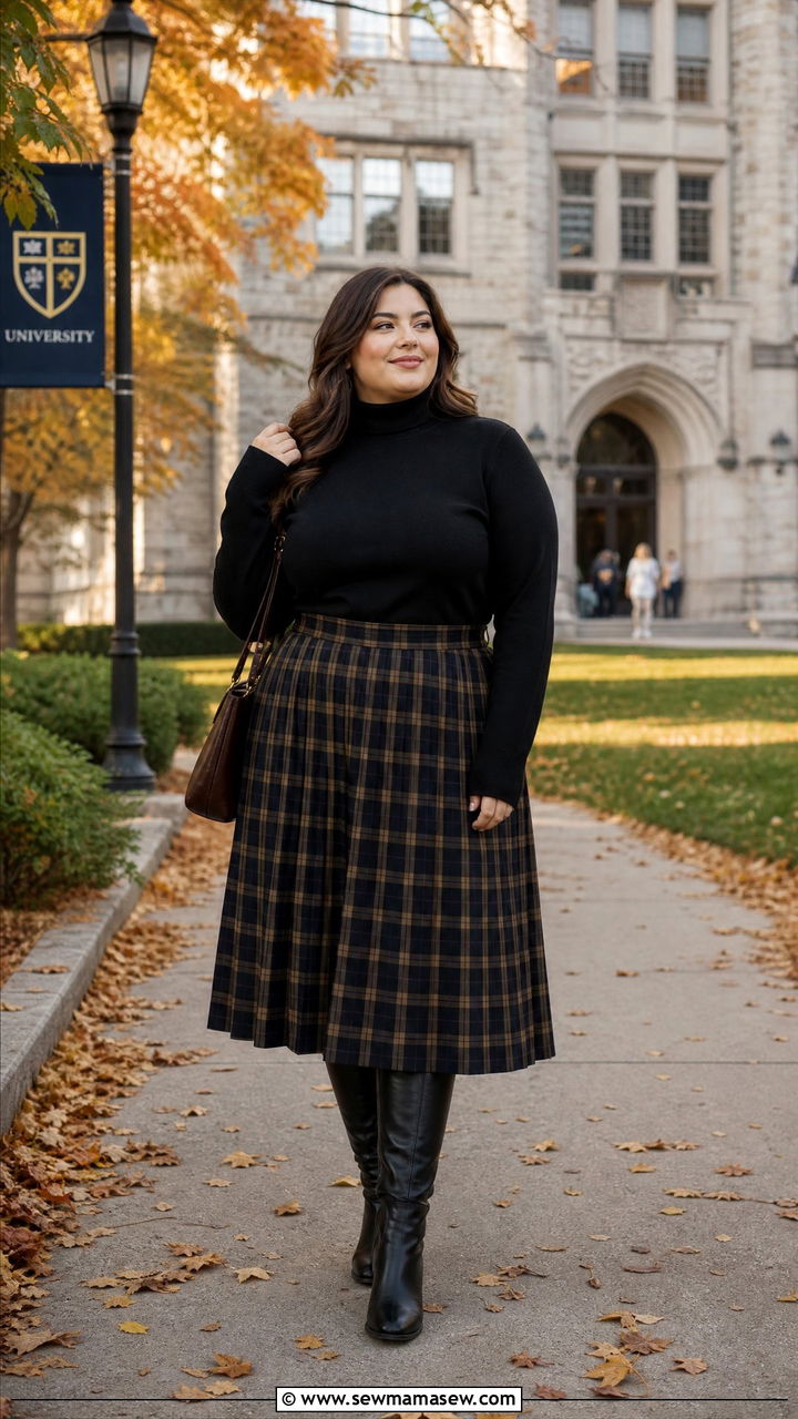 Wool Turtleneck With A Plaid Midi Skirt And Knee High Boots - 35 Midsize capsule wardrobe