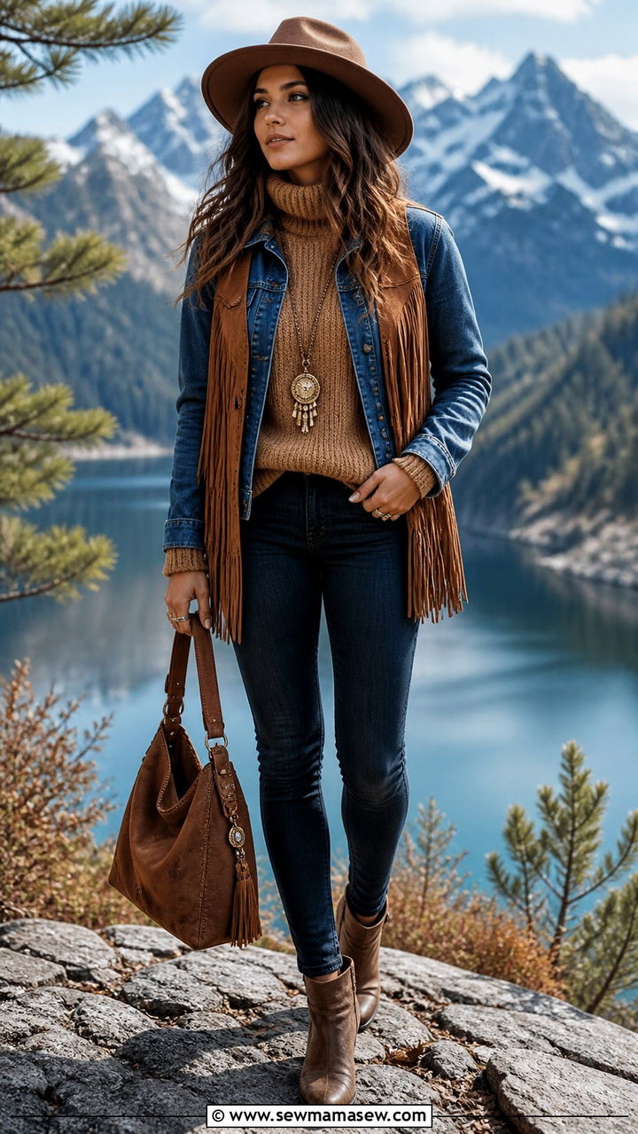 Wool Turtleneck with Denim Jacket and Suede Vest - 40 Bohemian outfit ideas