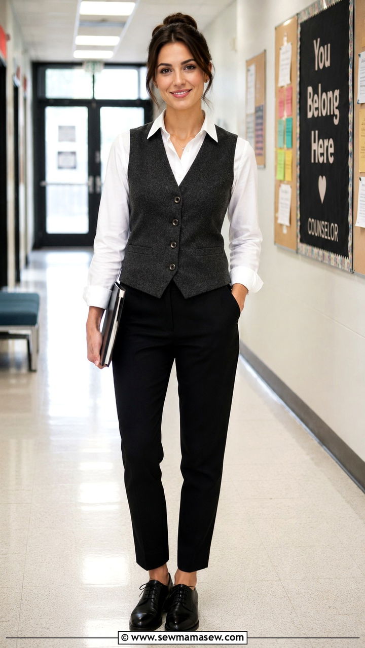 Wool Vest White Button Down Black Suit Pants Leather Oxfords - 30 School counselor outfit ideas
