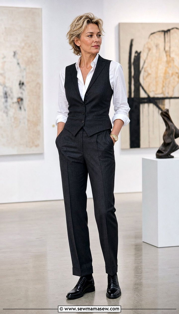 Wool Waistcoat and Button Down Shirt Look - 25 Stealth wealth outfit ideas for women over 40